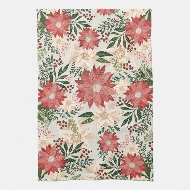 Modern & Festive Botanical Poinsettia Christmas Kitchen Towel (Vertical)
