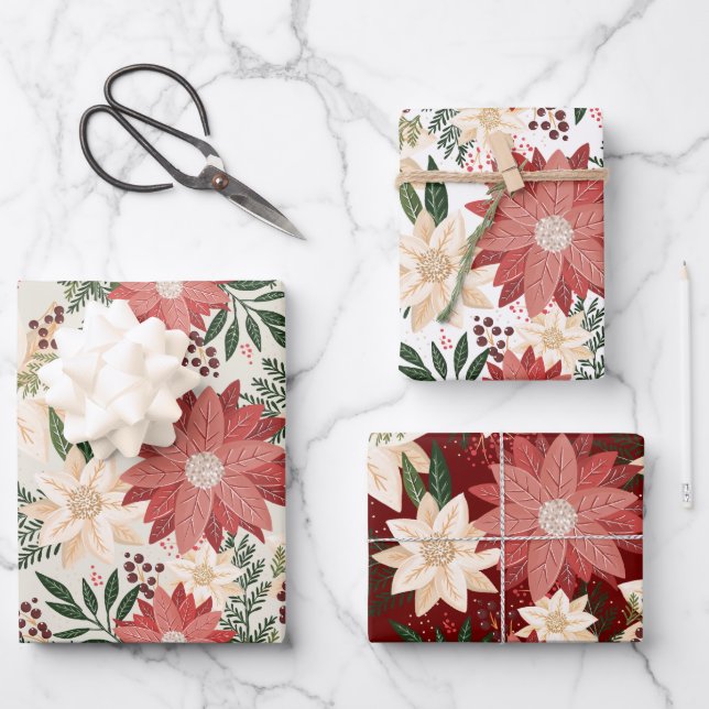 Modern & Festive Botanical Poinsettia Wrapping Paper Sheets (Front)