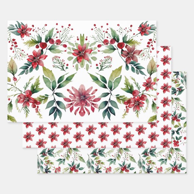 Modern Festive Christmas Botanical Holiday Wrapping Paper Sheets (Set)