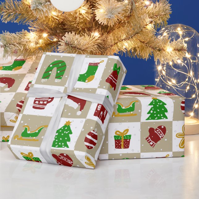 Modern Festive Christmas Grid Pattern  Wrapping Paper (Holidays)