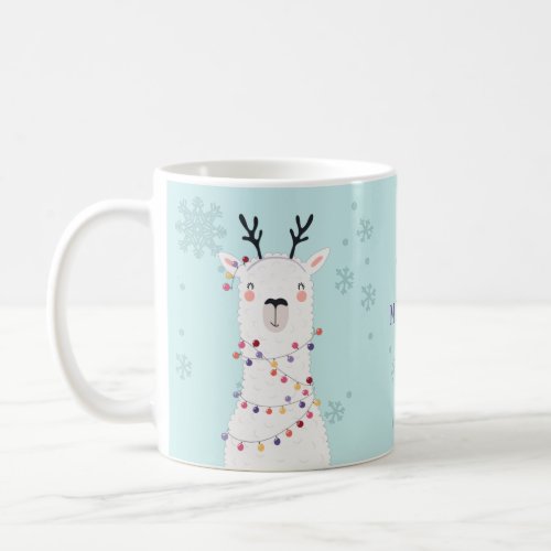 Modern Festive Christmas Lights Llama Name Coffee Mug