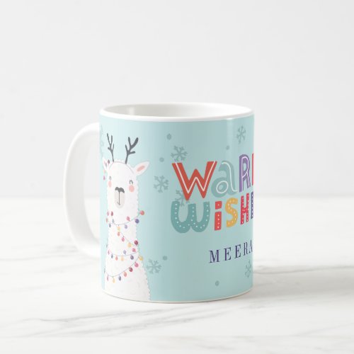 Modern Festive Christmas Lights Llama Name Coffee Mug