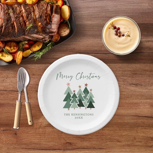 Modern Festive Christmas Trees Typography Paper Plates