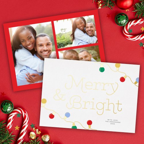 Modern Festive Colorful Christmas Lights 3 Photos Foil Holiday Card
