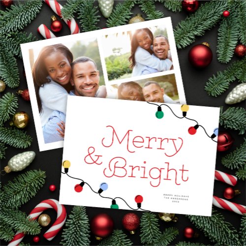 Modern Festive Colorful Christmas Lights 3 Photos Holiday Card