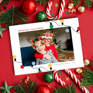 Modern Festive Colorful Christmas Lights One Photo Holiday Card
