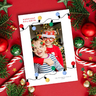 Modern Festive Colorful Christmas Lights One Photo Holiday Card