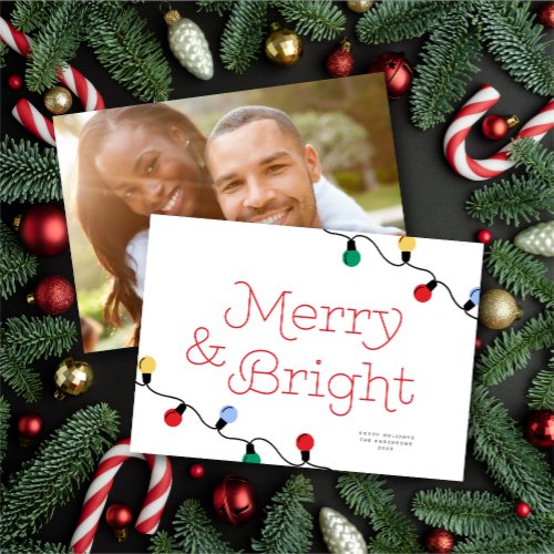 Modern Festive Colorful Christmas Lights One Photo Holiday Card