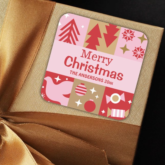 Modern festive cute red & pink Merry Christmas Square Sticker (Creator Uploaded)