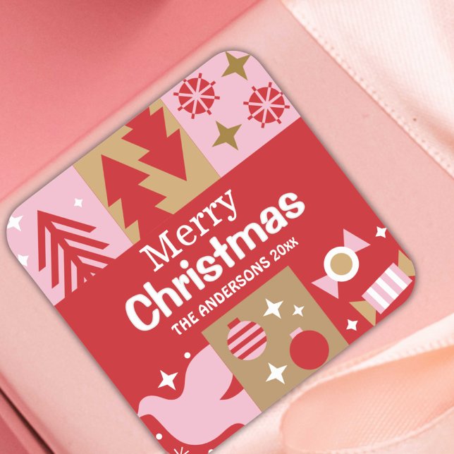 Modern festive cute red & white Merry Christmas Square Sticker (Creator Uploaded)