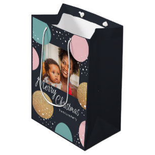 Modern Festive Dots Snowy Photo Christmas Medium Gift Bag