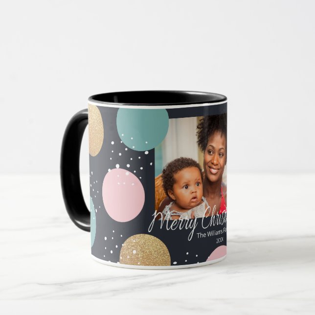 Modern Festive Dots Snowy Photo Christmas Mug (Front Left)