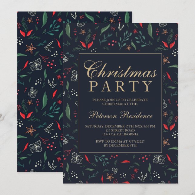 Modern festive floral red green Christmas party Invitation (Front/Back)