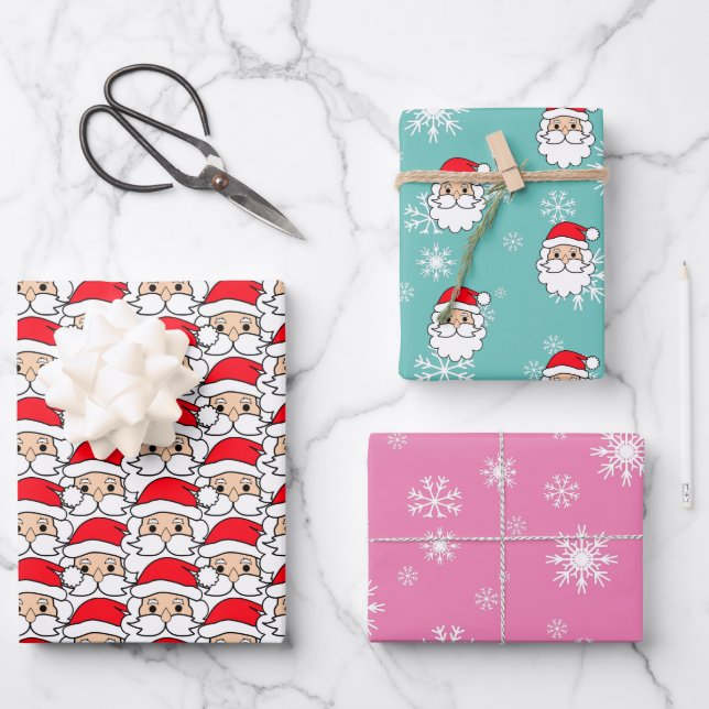 Modern Festive Funny Santa Face Pattern Wrapping Paper Sheets (Front)