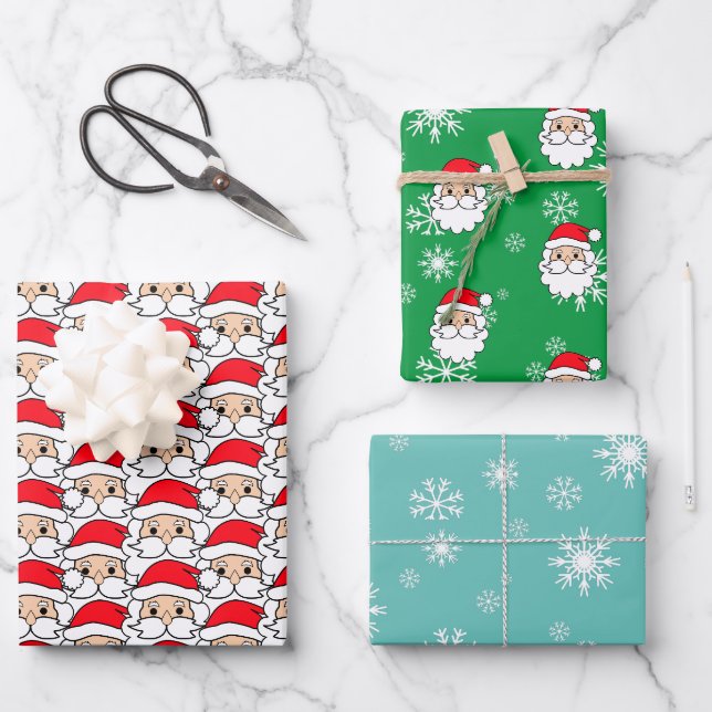 Modern Festive Funny Santa Face Pattern Wrapping Paper Sheets (Front)