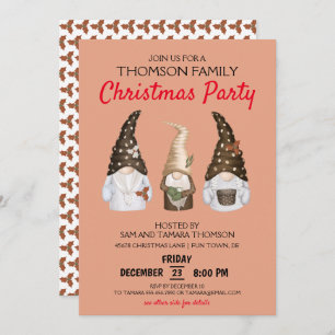Modern Festive Gnomes Coral Christmas Party Invitation