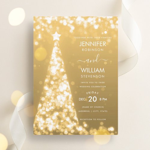 Modern Festive Gold Tree Christmas Wedding  Invitation