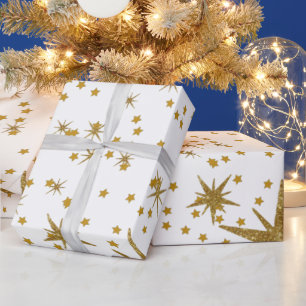 Modern festive golden starry white pattern Xmas Wrapping Paper