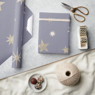 Modern Festive Gray Gold Star Roll Wrapping Paper