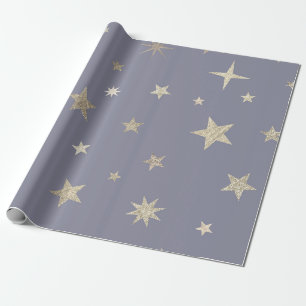 Modern Festive Gray Gold Star Roll Wrapping Paper