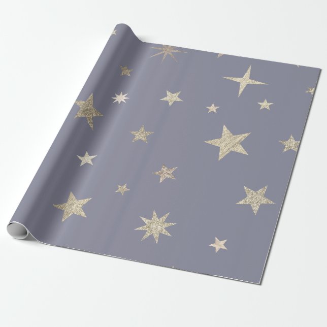 Modern Festive Gray Gold Star Roll  Wrapping Paper (Unrolled)