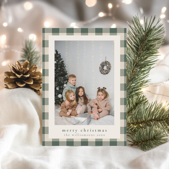 Modern Festive Green Plaid Rustic Photo Christmas Holiday Card (Creator Uploaded)