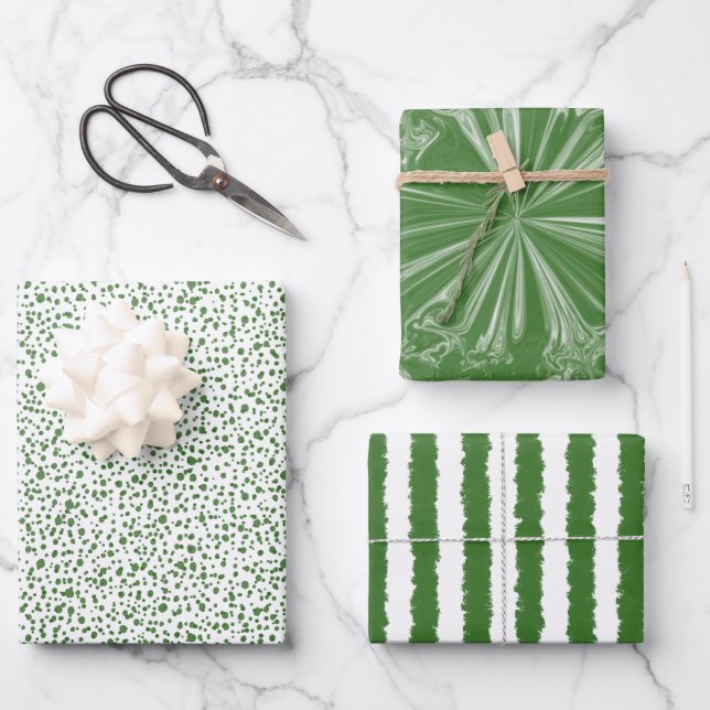 Modern Festive Green Speckles Stripes Swirls Wrapping Paper Sheets (Front)