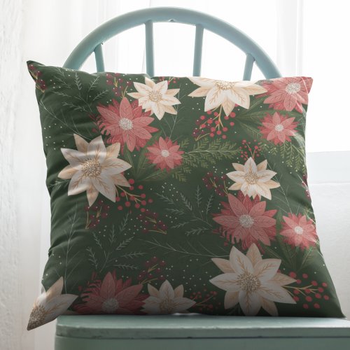 Modern Festive Merry Christmas Poinsettia Holiday Throw Pillow