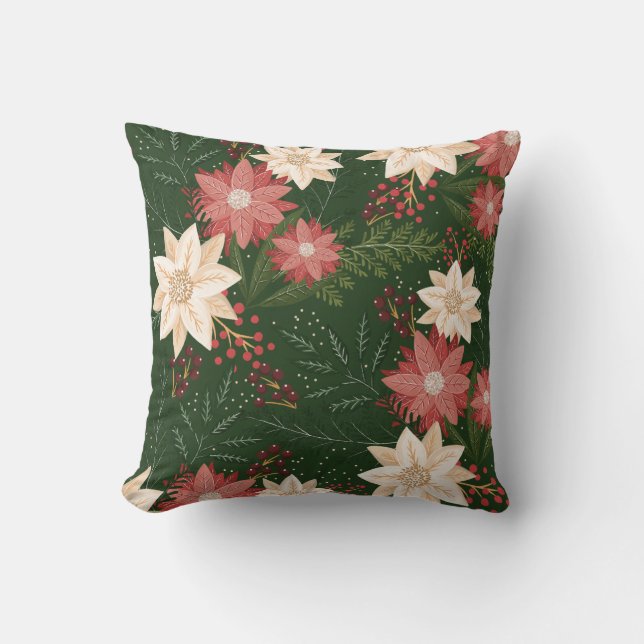 Modern Festive Merry Christmas Poinsettia Holiday Throw Pillow (Front)