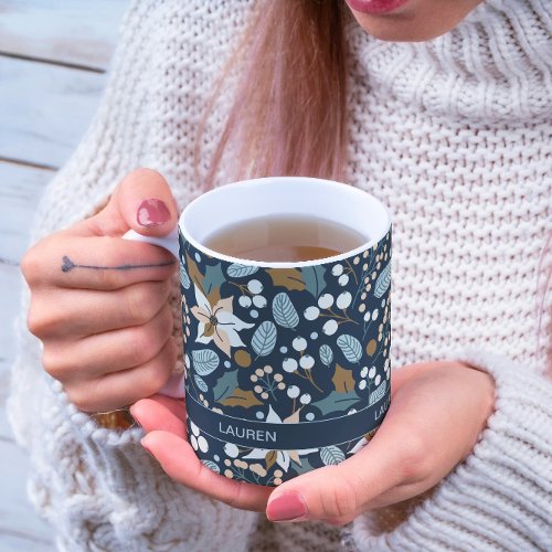 Modern Festive Moody Blue Poinsettia Folk Pattern Coffee Mug