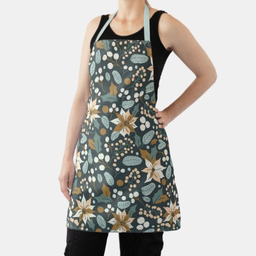 Modern Festive Moody Blue Poinsettia Pattern Apron