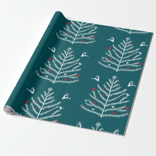 Modern Festive Nordic Christmas Tree Deer Blue Wrapping Paper