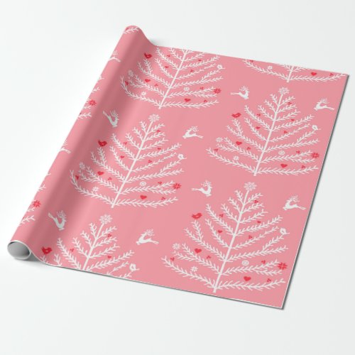 Modern Festive Nordic Christmas Tree Deer Pink Wrapping Paper