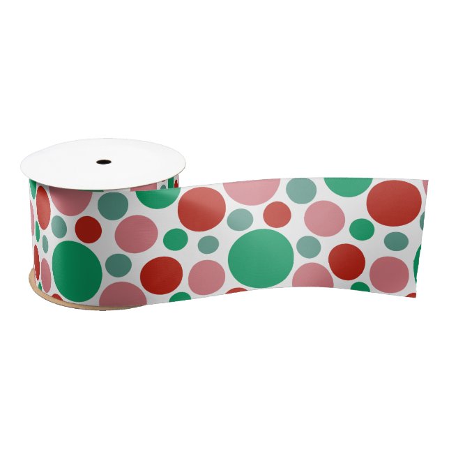Modern Festive Polka Dot Red Pink Green Pattern Satin Ribbon (Spool)