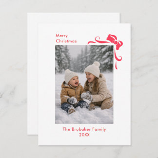 Modern Festive Red Bow Merry Christmas Photo Holiday Postcard