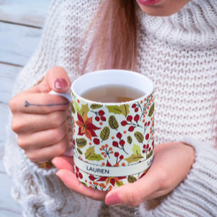 Modern Festive Red Orange Poinsettia Folk Pattern Coffee Mug