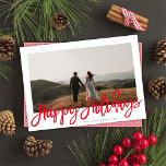 Modern Festive Red Script Christmas One Photo  Holiday Card<br><div class="desc">This modern yet elegant holiday photo card features a single horizontal photo over a classic white background, and a greeting in red script which says "Happy Holidays". This design accommodates a single horizontal photo on the front. The back of the card is a coordinating red and white stripe pattern, but...</div>
