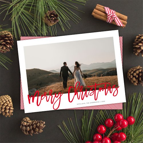 Modern Festive Red Script Merry Christmas 1 Photo  Holiday Card
