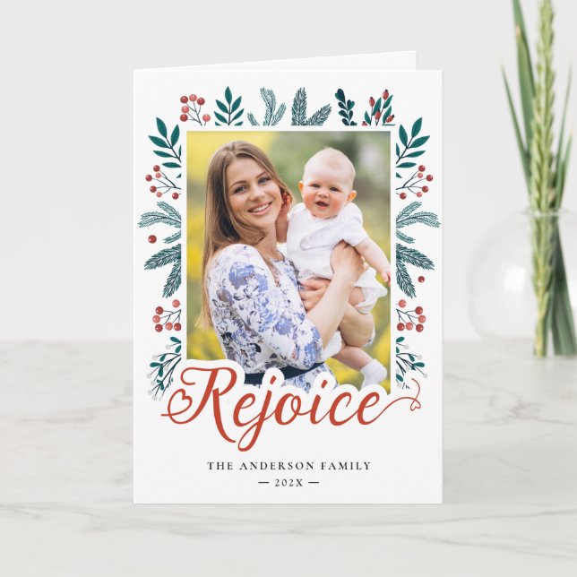 Modern Festive Rejoice Script Pine Berries Photo Holiday Card (Front)