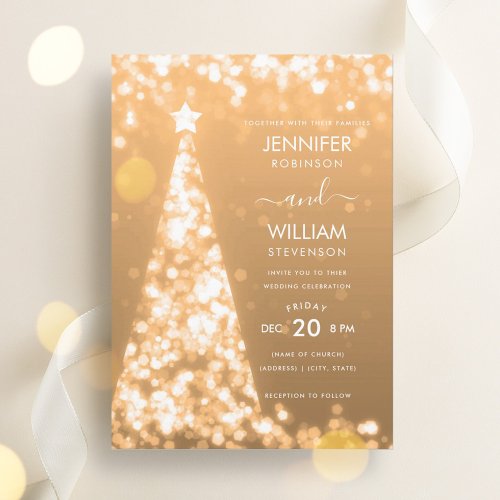 Modern Festive Rose Gold Tree Christmas Wedding  Invitation