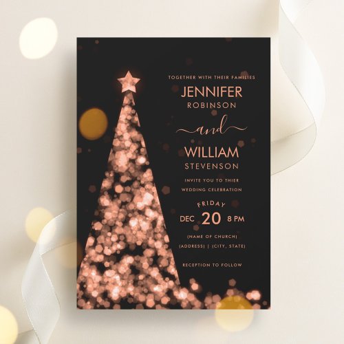 Modern Festive Rose Gold Tree Christmas Wedding  Invitation