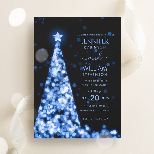 Modern Festive Script Blue Tree Christmas Wedding  Invitation (Modern Festive Script Blue Tree Christmas Wedding Invitation)