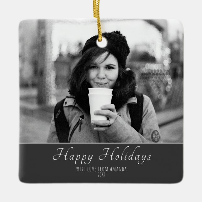 Modern Festive Script Custom Photo Holiday Ceramic Ornament (Front)