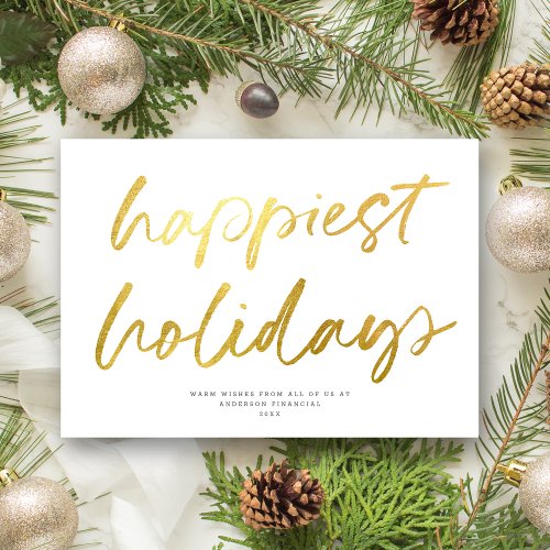 Modern Festive Script No Photo Business White Gold Holiday Card
