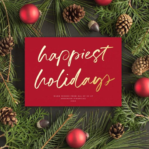 Modern Festive Script Non_Photo Business Red Gold Foil Holiday Card