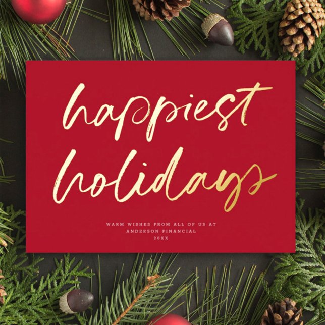Modern Festive Script Non-Photo Business Red Gold Foil Holiday Card (Creator Uploaded)