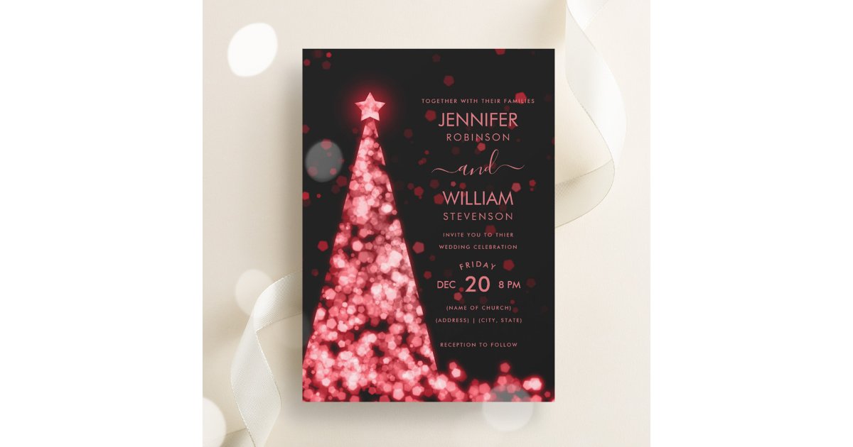 Modern Festive Script Red Tree Christmas Wedding Invitation | Zazzle