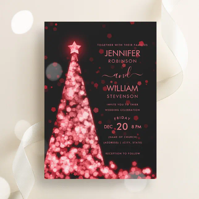 Modern Festive Script Red Tree Christmas Wedding Invitation | Zazzle