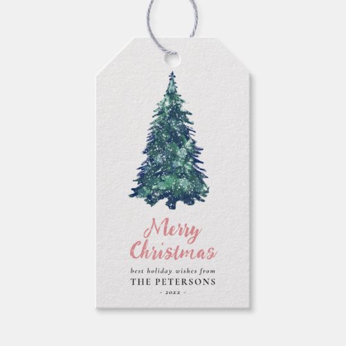 Modern Festive Snowy Christmas Tree Pink Gift Tags