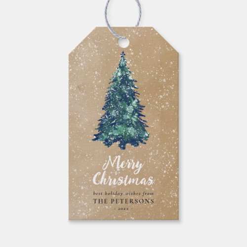 Modern Festive Snowy Green Christmas Tree Kraft  Gift Tags